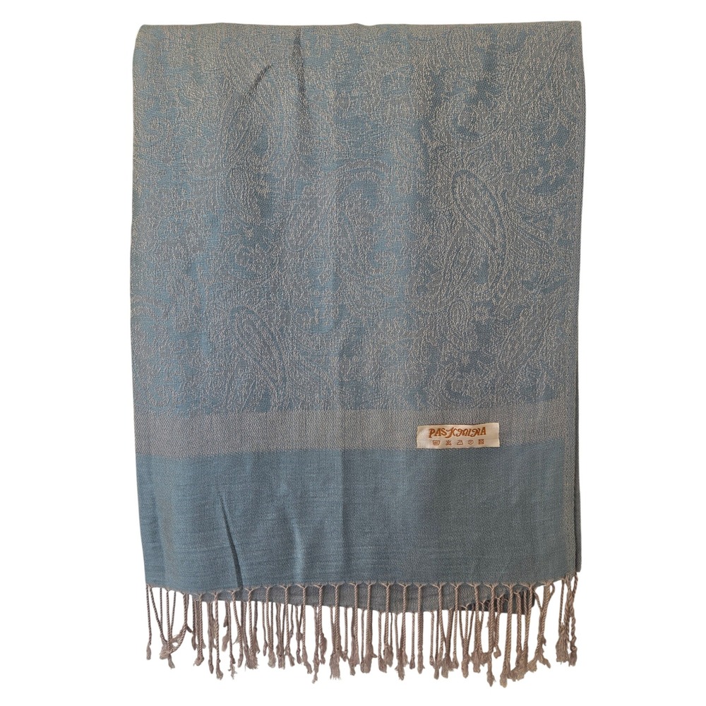 Pashmina Cashmere Blue Paisley Fringed Shawl Scarf Quiet Luxury Old Money Preppy